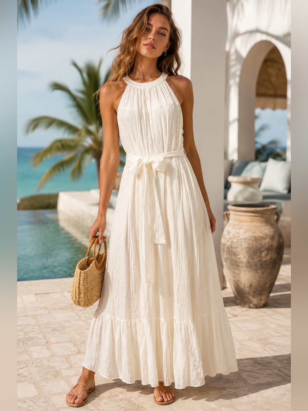 Calvin Klein Ivory Crinkle Texture Halter Dress Size 10 Quiet Luxury Resort